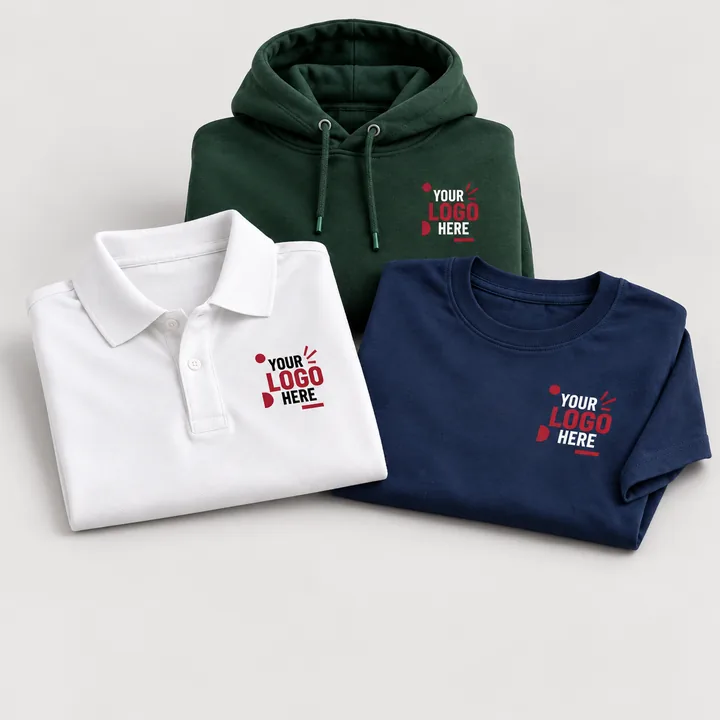 Branded polo, t-shirt and hoodie printed with a logo