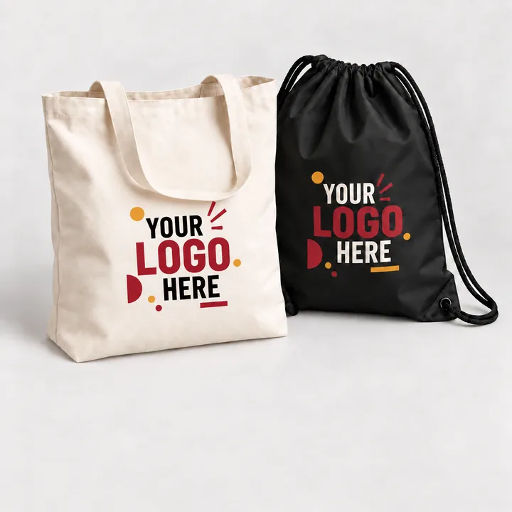 Branded tote bag and drawstring backpack printed with a logo