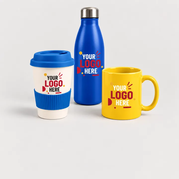 Branded drink bottle, coffee cup and mug printed with a logo