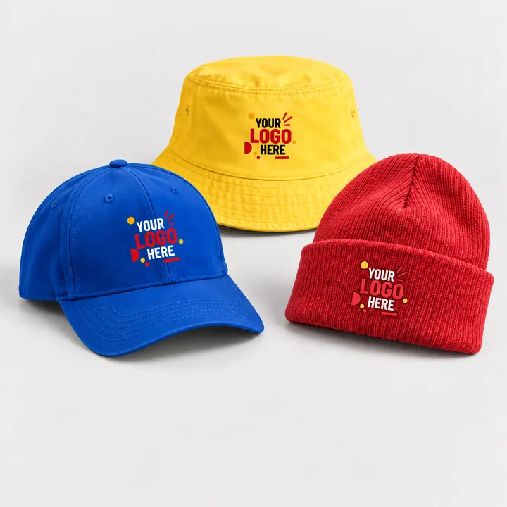 Branded cap, bucket hat and beanie printed with a logo