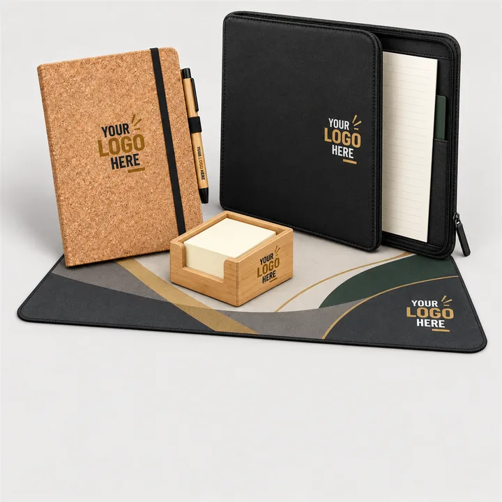 Branded notebook, compendium, memo cube and mouse mat printed with a logo