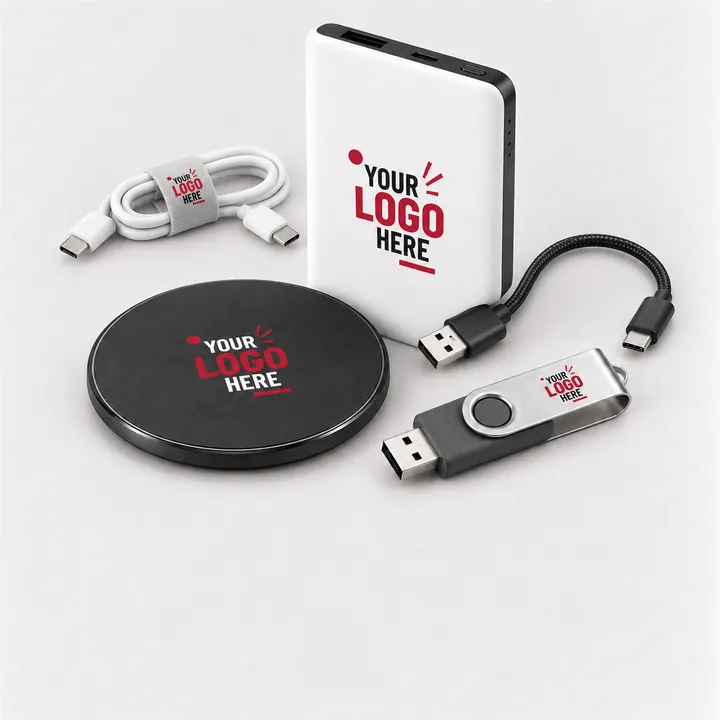 Branded power bank, wireless charger, cable and USB printed with a logo